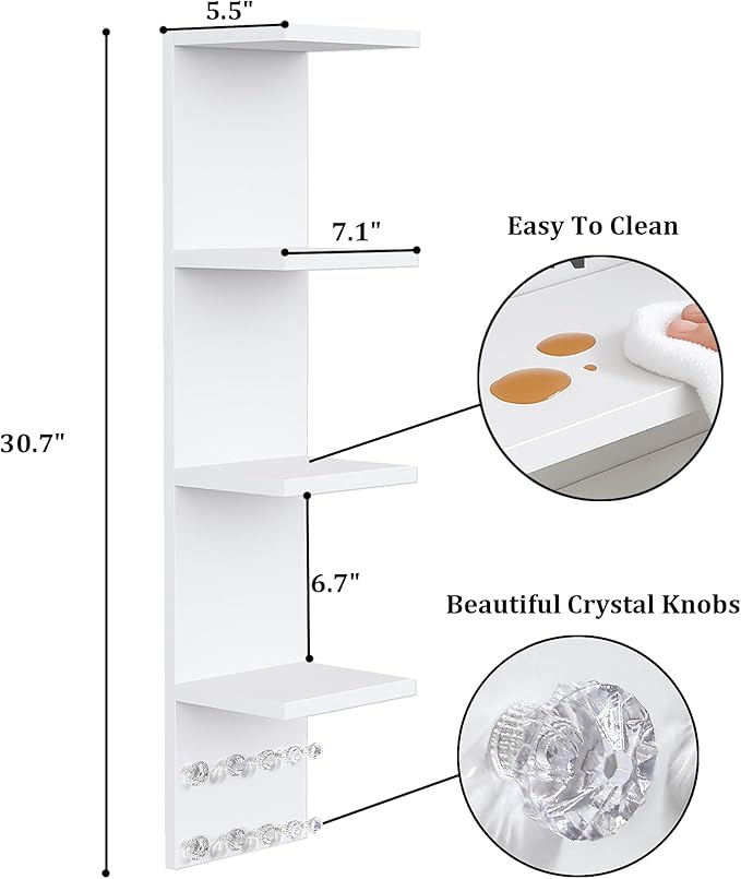 LitaEther 4 Tier White Lack Shelf Vanity Wall Shelf with 10 Crystal Hooks - Multi-Functional Storage for Makeup, Jewelry, Plants, Awards & Display (L7.1 x W5.5 x H30.7) (1)