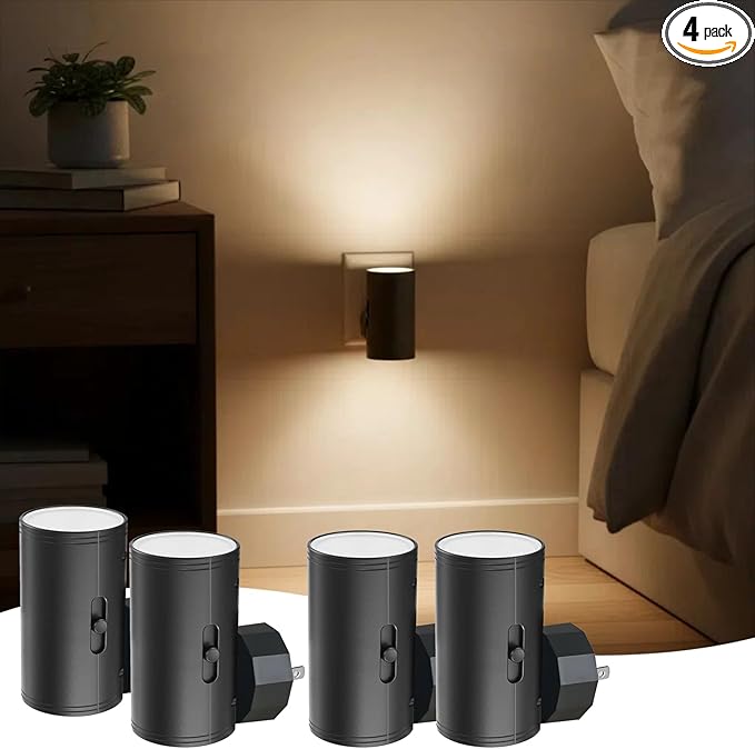 TSEXES 4 Pack LED Night Light Plug in, Dusk to Dawn Sensor,5-300LM Adjustable Brightness, Soft White 3000K,Dimmable Night Lights for Kitchen,Hallway Bedroom,Stairs