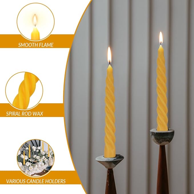 TELOSMA Beeswax Taper Candles Set of 4,Spiral Taper Candle Dripless Long Candle Sticks for Dinner Wedding Party Christmas Home Decorations - 7 Inch Tall - Yellow