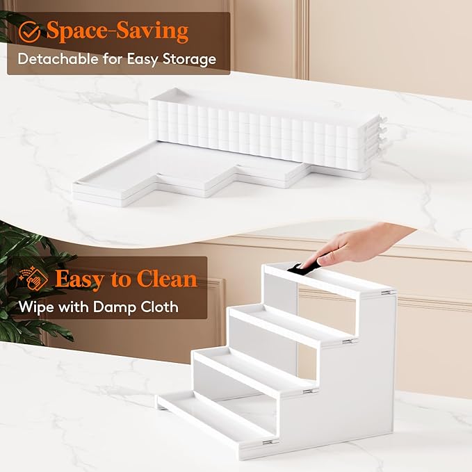 Lifewit 4 Tier White Display Riser Stand with Decorative Secure Fences, Tool-free Assembly, Plastic 12 Inch Perfume Organizer, Display for Figures, Cupcake, Dessert, 1-pack