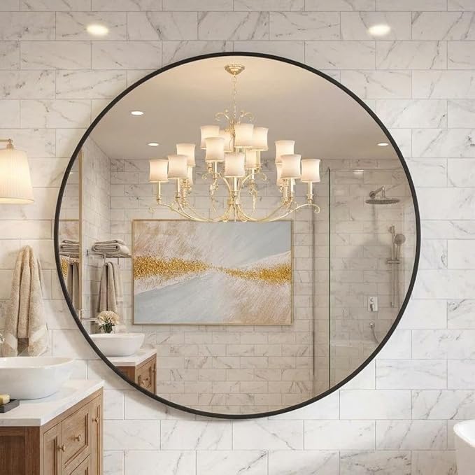 GarveeHome Black Circle Mirror for Bathroom, 30 Inch Aluminum Alloy Frame Round Mirror, High Definition Eco-Friendly Round Bathroom Mirror for Over Sink, Wall Mirror for Entryway, Bathroom, Vanity
