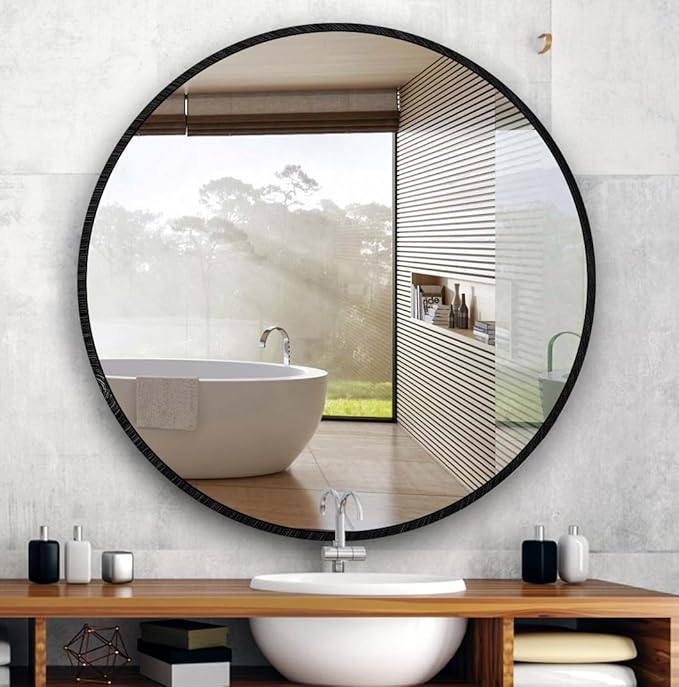Itrue 30 Inch Round Wall Mirror, Brushed Black Metal Frame Circle Bathroom Vanity Mirror, Silver-Backed HD Glass Decorative Mirror for Over Sink, Bathroom, Living Room, Bedroom, Entryway