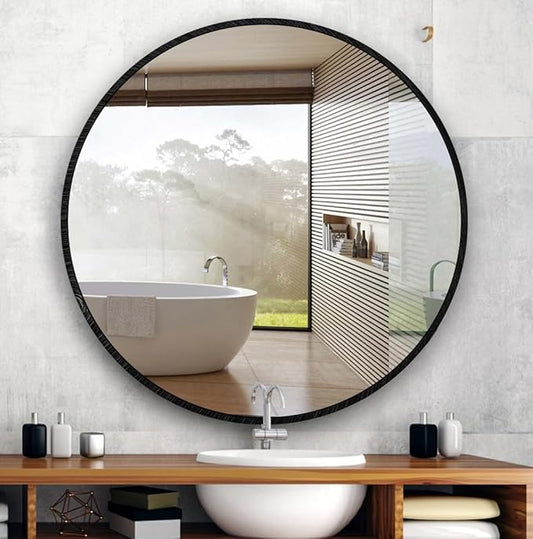 Itrue 30 Inch Round Wall Mirror, Brushed Black Metal Frame Circle Bathroom Vanity Mirror, Silver-Backed HD Glass Decorative Mirror for Over Sink, Bathroom, Living Room, Bedroom, Entryway