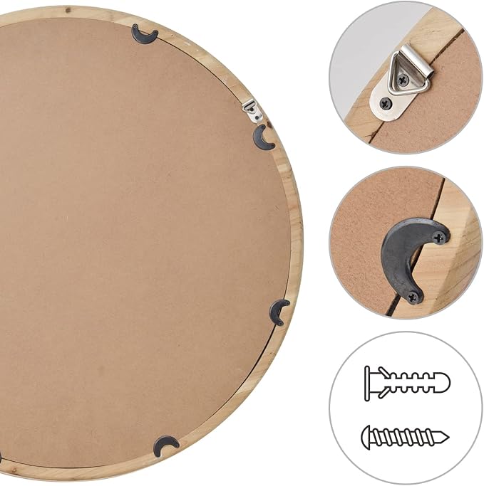 sawsile Round Wood Mirror 24" Natural Circle Wooden Nursery Farmhouse Rustic Decorative Large Wall Mirror for Bathroom,Living Room, Fireplace,Hallway