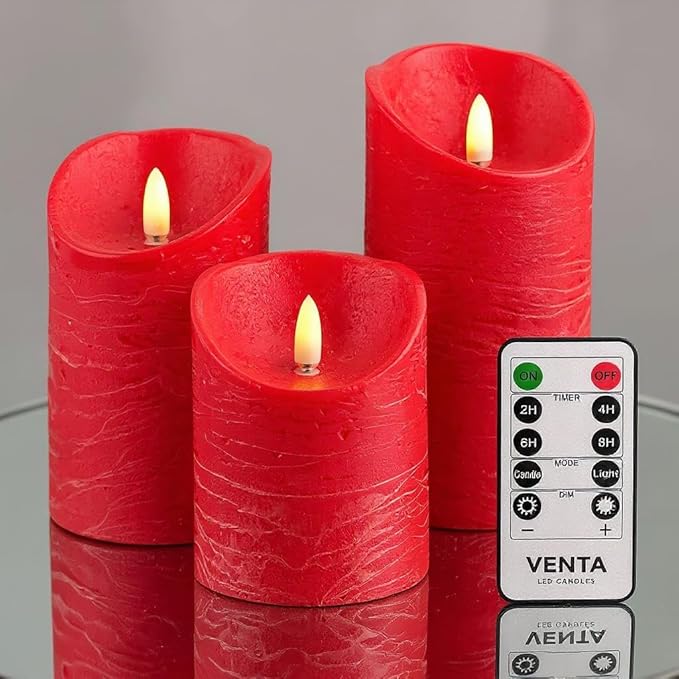 VENTA Flickering Flameless Candles with Remote Control - Led Candles Battery Operated - Battery Operated Candle for Decoration Table, Timer & Dimmer Features, Set - 3Pcs (4",5",6") (Red)