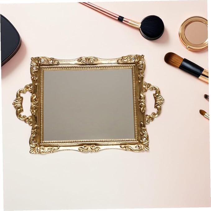 Veemoon Vintage Carved Mirror Tray Nordic Style Golden Resin Decorative Storage Plate for Perfume Makeup Organizer Wedding Dessert Table