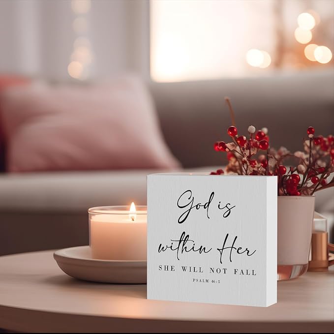 God Is Within Her Bible Verse Artwork Wooden Box Sign Rustic Farmhouse Style Psalm 46:5 Christian Wood Block Plaque 5 X 5 Inches Home Office Desk Sign Decor for Gifts