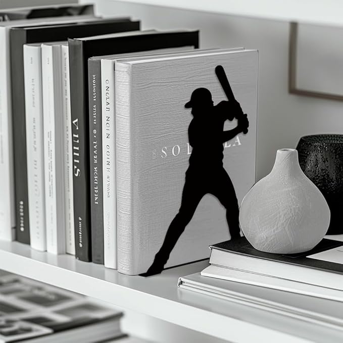 Peacoblue Metal Bookends for Shelves, Modern Decorative Heavy Duty Study Book Support Stoppers for Office, Desk, Shelf, Room 5.3"x4.3"x7.9" Cast Iron Simple Tall Bookends, 1 Pair (Baseball)