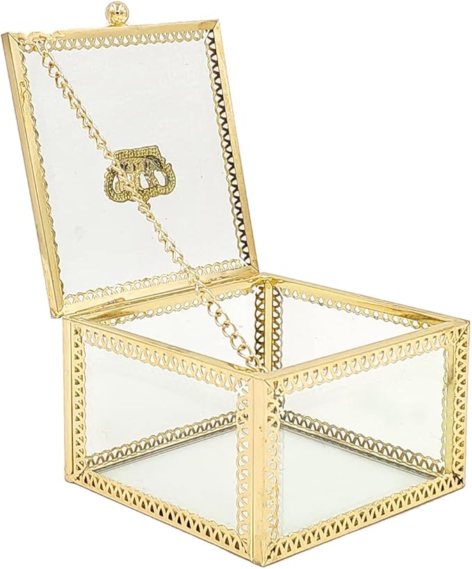 NAJMECHOY Glass Jewelry Box, Mirror Bottom with Crown Lid, Box for Makeup, Lipstick Ring Earrings, Storage Box, Gold Glass Box Ring, Bracelet Display Transparent Box (Square)