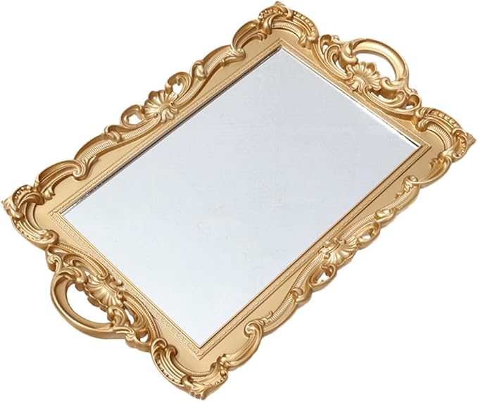 Vintage Mirror Tray for Vanity Dresser, Decorative Perfume Organizer and Makeup Tray, Mirrored Vanity Plate for Bedroom and Bathroom Décor