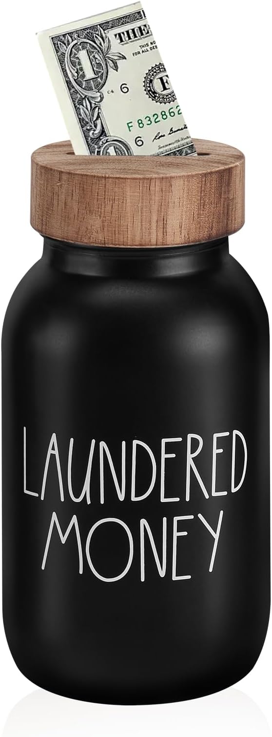 Laundry Room Decor & Organization - Premium Matte Black Glass Coin Bank with Wood Lid - Rustic Farmhouse Money Jar for Loose Change - Funny Laundered Money Tip Jar & Shelf Accessories