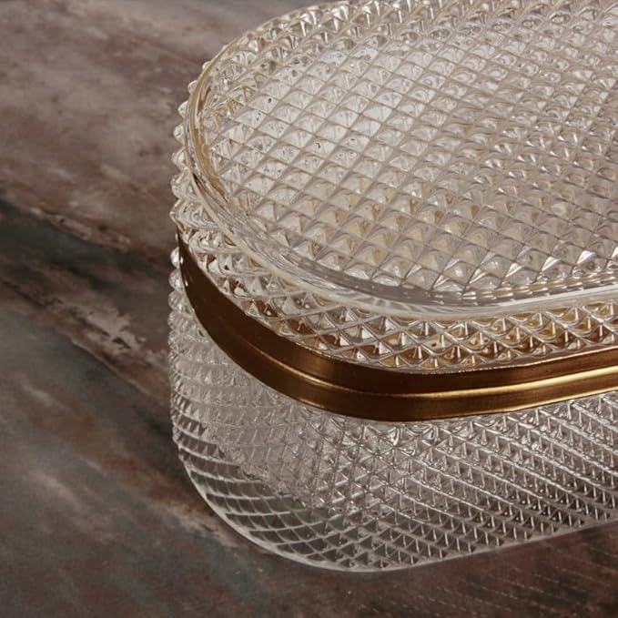 Glass Jewelry Organizer Box, Desktop Jewelry Organizer Container Box, Decorative Box for Bathroom, Vintage Oval Glass Box (Misty Design), Gold