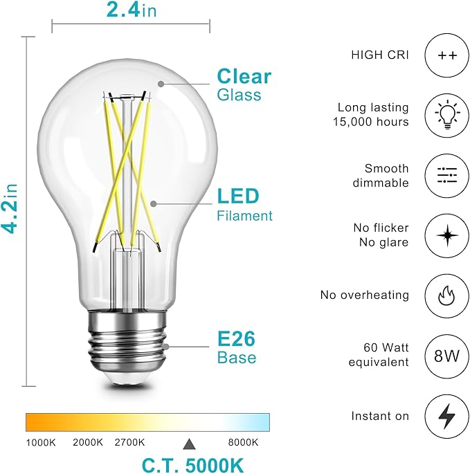 TJOY 6 Pack A19 Vintage LED Edison Bulbs, Dimmable Light Bulb 60W Equivalent, High Brightness 5000K Daylight, Ultra-Bright, 8W E26 Standard Base, 800Lumens, CRI80+, Clear Glass Filament Bulb for Home