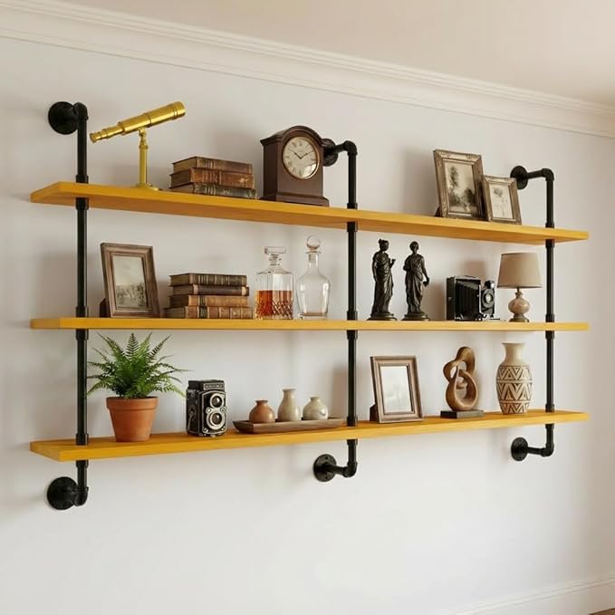 HDDFER Industrial Pipe Wall Shelves - 60" Rustic Natural Oak Solid Wood, 9.85" Deep Floating Shelving for Farmhouse Rustic Decor, Sturdy Storage for Books/Plants/Toiletries