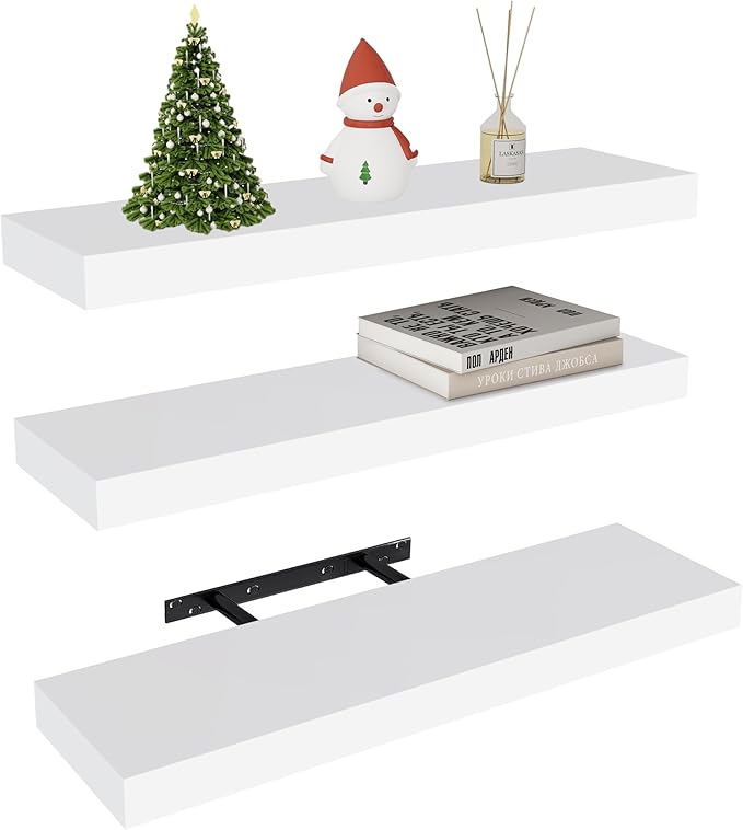 Vervida® White Floating Shelves for Wall, 24" Rustic Wood Deep Wall Mounted Shelves with Invisible Brackets for Decor & Storage, Floating Shelf for Living Room, Bathroom (Set of 3)