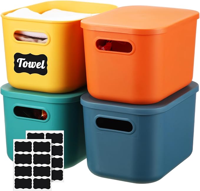 Tanlade 4 Pcs Plastic Storage Bins Stackable Baskets with Lid and Handle Colorful Desktop Storage Box Cubby Containers for Shelf Bedroom Office, Include 1 Erasable Marker, 16 Stickers(10 x 7 x 6 in)