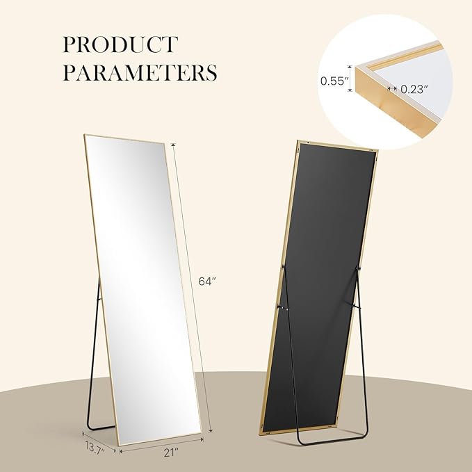 NEWBULIG Full Length Mirror, Full Body Floor Mirror with Aluminum Alloy Thin Frame, Wall or Standing Mirror for Bedroom, Living Room, Dressing Room