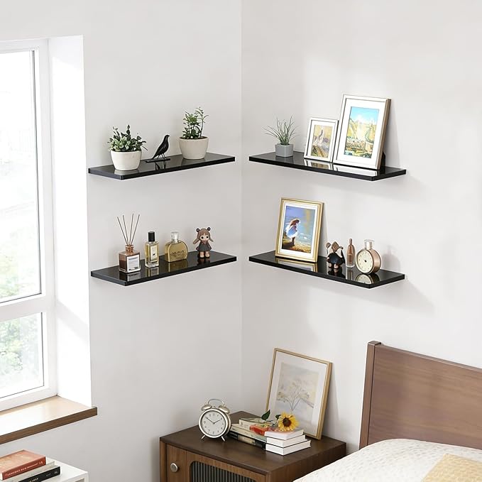 Floating Shelves for Wall Set of 2,12 in Wide Ehelf Narrow Floating for Decor Storage,Wall Mounted Acrylic Shelf,for Living Room, Bedroom, Bathroom and Kitchen(Black)