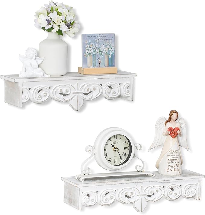 White Vintage Wall Shelves Decor - Antique Floating Shelf Wood Wall French Country Decor Farmhouse Rustic Hanging Shelves for Living Room Bedroom (16.5"+15")