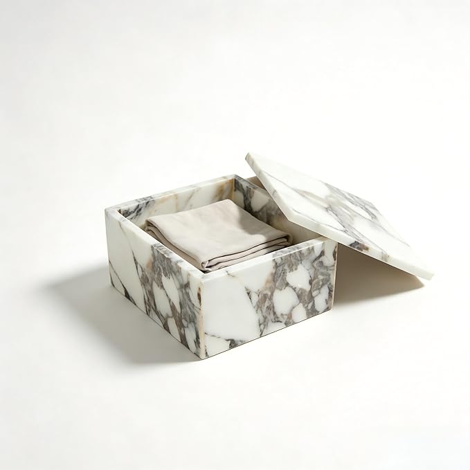 Luxury Marble Storage Box with Lid, White and Purple Veined Pattern, Decorative Organizer for Makeup Brushes, Jewelry, Bathroom Accessories (Square)
