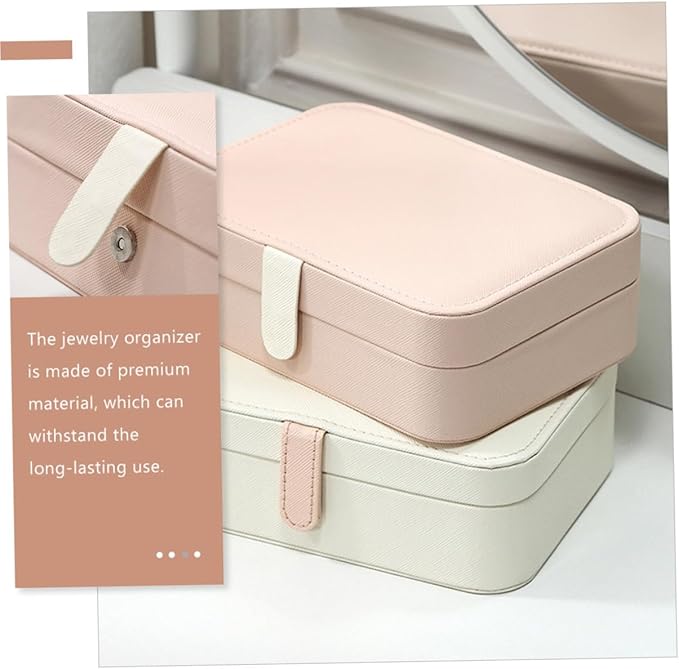 Portable Jewelry Box with Mirror for Earrings and Necklaces, Pu Leather Ring Organizer and Cosmetics Holder, Compact Jewelry Storage Case for Travel and Desktop Use, Pink