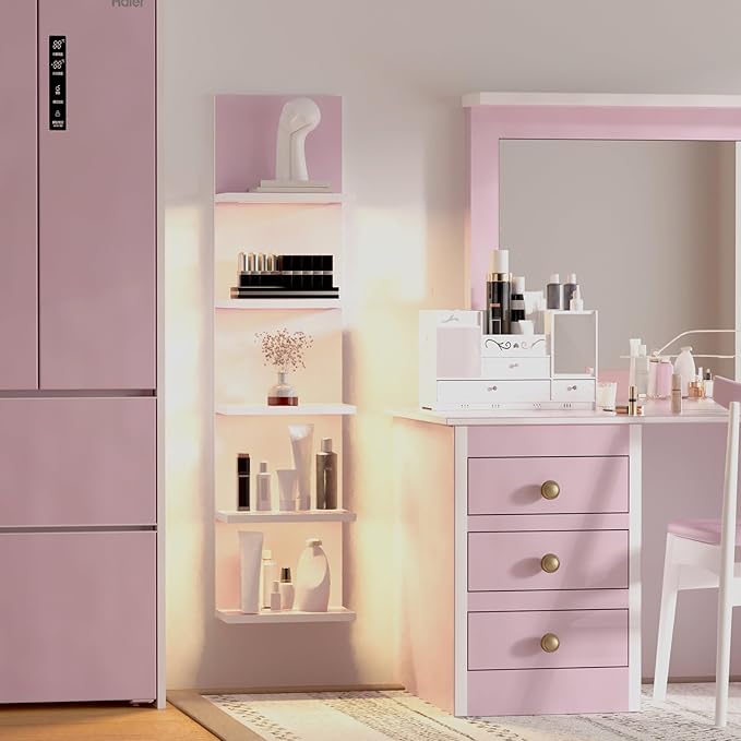 Homaterial 5 Tier Wall Shelf Unit,Modern Vertical Lack Wall Shelves with Light, Wall Mount, Floating Column Home Decor Shelves for Bedroom, Living Room, Vanity Storage Display(Pink)
