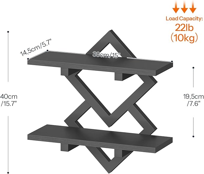 HOOBRO 15" Floating Shelves for Wall, Set of 2 Wall Shelf, 2-Tier Hanging Shelves, Wall Mounted Storage Shelf, Display Rack, for Living Room Bedroom Kitchen Bathroom, Black BB14BJP201