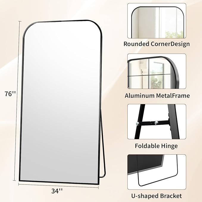 Full Length Mirror 76"x34" Arched Floor Standing Large Mirrors Full Body Mirror with Stand - with Aluminum Frame for Bedroom Living Room, Black