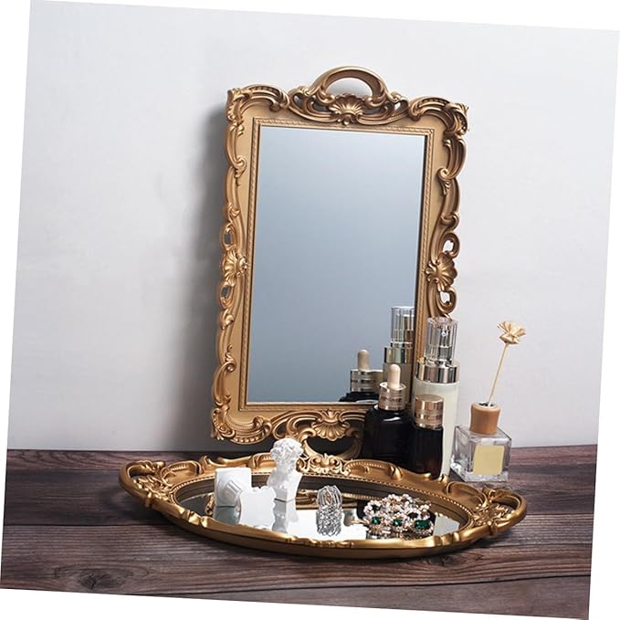 Hemobllo European Mirror Tray Vintage Golden Rectangular Cosmetics Storage Plate Retro Makeup Organizer for Vanity and Home Décor