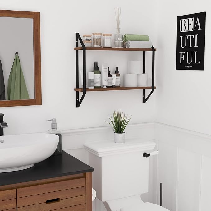 Wallniture Ponza Wood Floating Shelvesf for Wall Storage, 24" Floating Bookshelf, 2 Tier Wall Shelf for Livng Room, Bedroom, Bathroom, Kitchen, Walnut