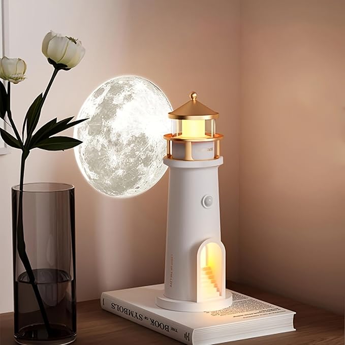 IFTHFOUR Moon Lighthouse Projector Night Light with Motion Sensor - Rechargeable LED Galaxy Table Lamp, Moon Lamp for Kids, Bedroom, Nursery Decor - Perfect Christmas, Birthday Gift for Boys & Girls