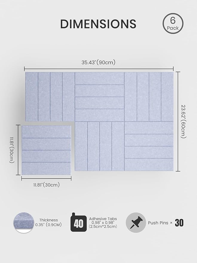 Bumusty Large Cork Board Alternative-36 x 24" Felt Bulletin Board Tiles, with 30 Pushpins, 40 Adhesive Tabs, Bold-Stripe 6-Pack, Cork Boards for Office Push Pin Board-Soft Periwinkle
