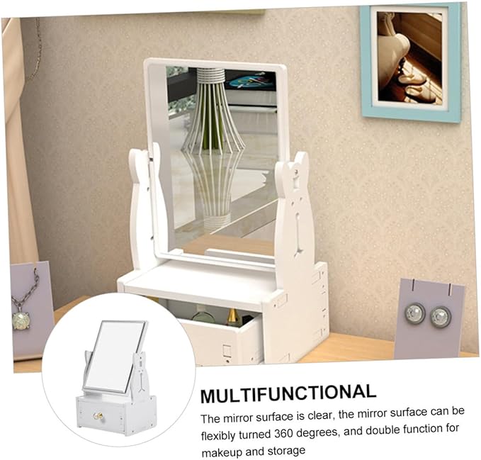 Beaupretty 1pc Cute Desktop Makeup Mirror with Drawer Rotating Vanity Mirror for Bedroom Stylish Cosmetic Organizer with Cartoon Design for Daily Use and Giving