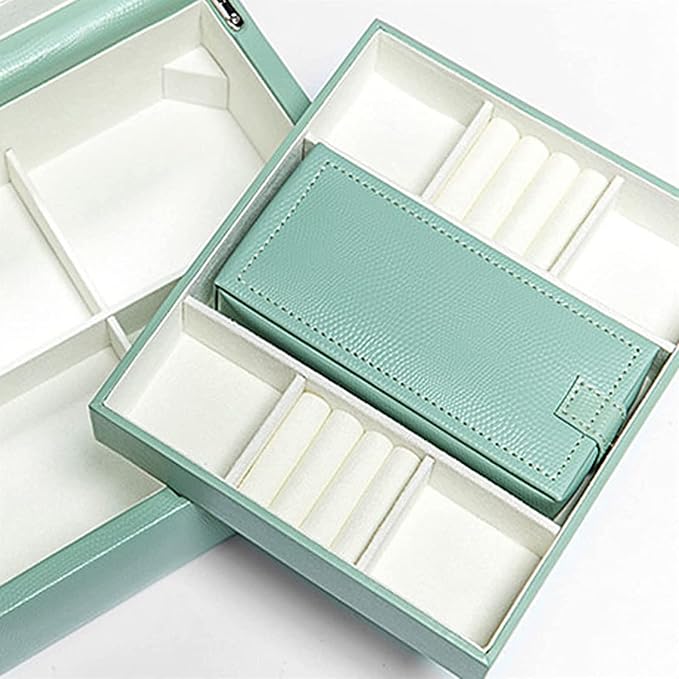 Jewelry Boxes For Women,Travel Jewelry Box for Women, 2 Layer Jewelry Organizer with Makeup mirror, Leather Jewelry Storage for Earrings Rings Bracelets Necklaces Watches, Green Jewelry Boxes
