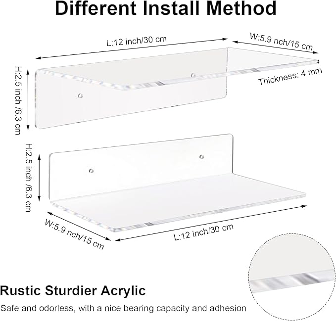 Vinsot 8 Pack Acrylic Floating Shelves 12 Inch Clear Acrylic Wall Display 4 mm Thick Invisible Book Shelves for Bedroom Living Room Bathroom Office Wall