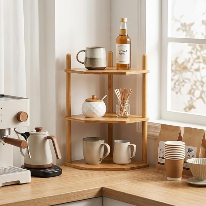 3 Tier Expandable Bamboo Corner Shelf - Dish/Plate Organizer for Cabinet, Kitchen Counter Shelf & Small Kitchen Shelf, Adjustable (1, 3Tier-6.7" H)