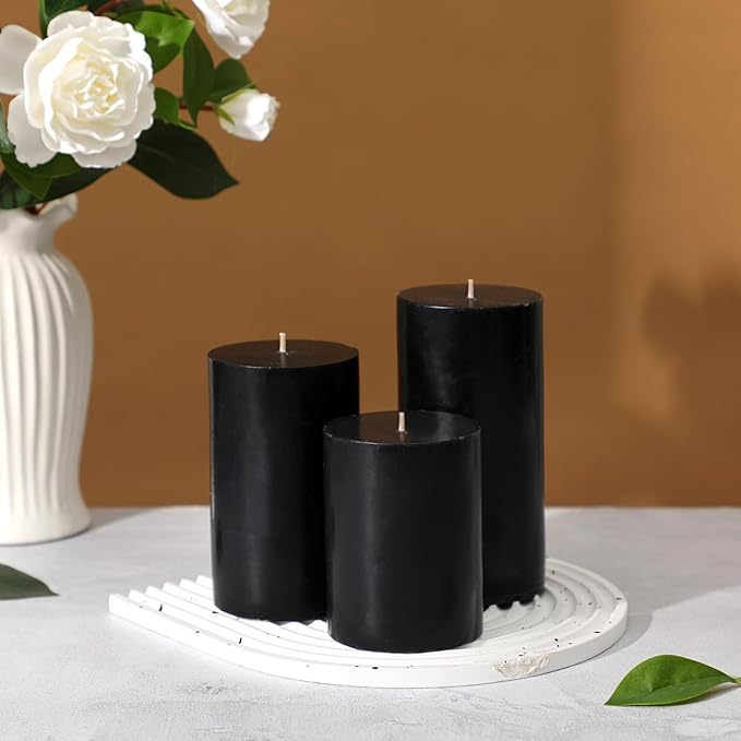 Black Pillar Candles Set of 3, Black Candles for Punk Decorations, Width 3" High 4" 5" 6" Unscented Smokeless Soy Wax Candle, Suitable for Gothic, Industrial, Minimalist and Dark Style Candle