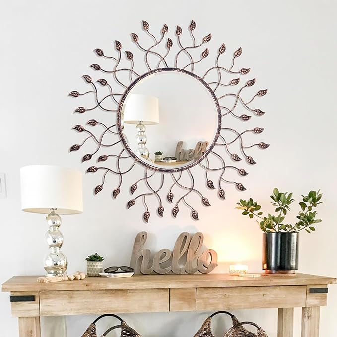 Chende Round Mirror for Dining Room Decor, 32" x 32" Large Mirror for Living Room with Removable Leaves, Beveled Edge and Metal Frame, Decorative Wall Mirror for Entrance Decor