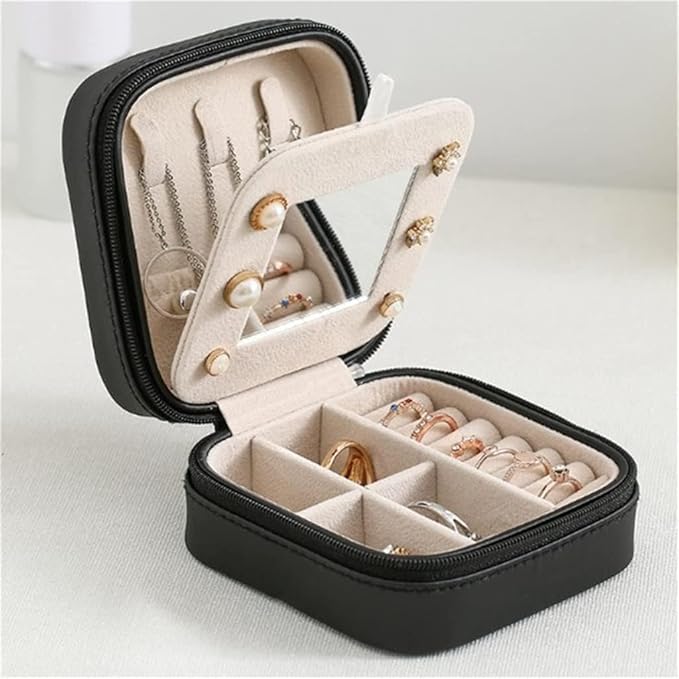Double-layer Women's Mini stud earrings rings Jewelry Box Useful Makeup Organizer With Zipper Travel Portable Jewelry PU Box