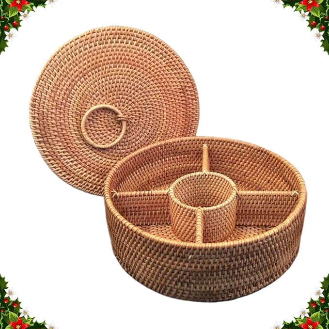 Woven Wicker Round Baskets with Lid Divided Rattan Sundries Box 29cm for Dried Fruit Nuts Bowl Keys Jewelry Makeup Counter Organizer