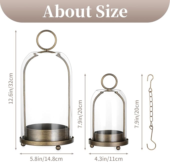 Sziqiqi Hurricane Candle Holder Lanterns: Pillar Candle Holders Set of 2 for Outdoor - Antique Brass Metal Candleholder with Glass Dome for Living Room Table Centerpiece
