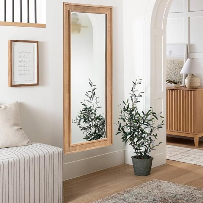 Rattan Full Length Mirror,20"x63" Long Rattan Wall Mirror,Wooden Mirror with Wicker Frame,Decorative Full Body Mirror Hanging,Farmhouse Rectangle Floor Mirror for Bathroom Living Dressing Room Nature