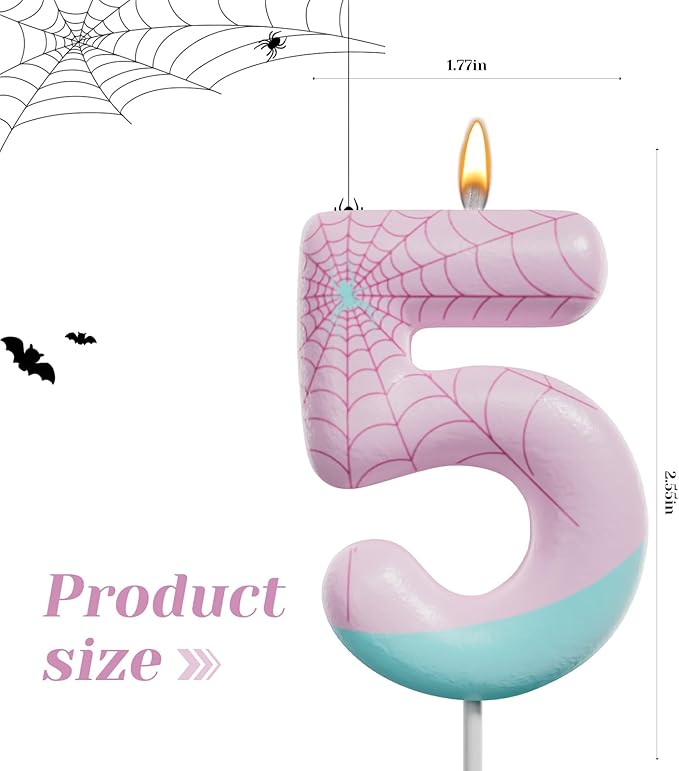 Pink Spider Birthday Number Candles – Multi-Color Decorative Cake Toppers for Kids Party & Celebration (Pink, 5)
