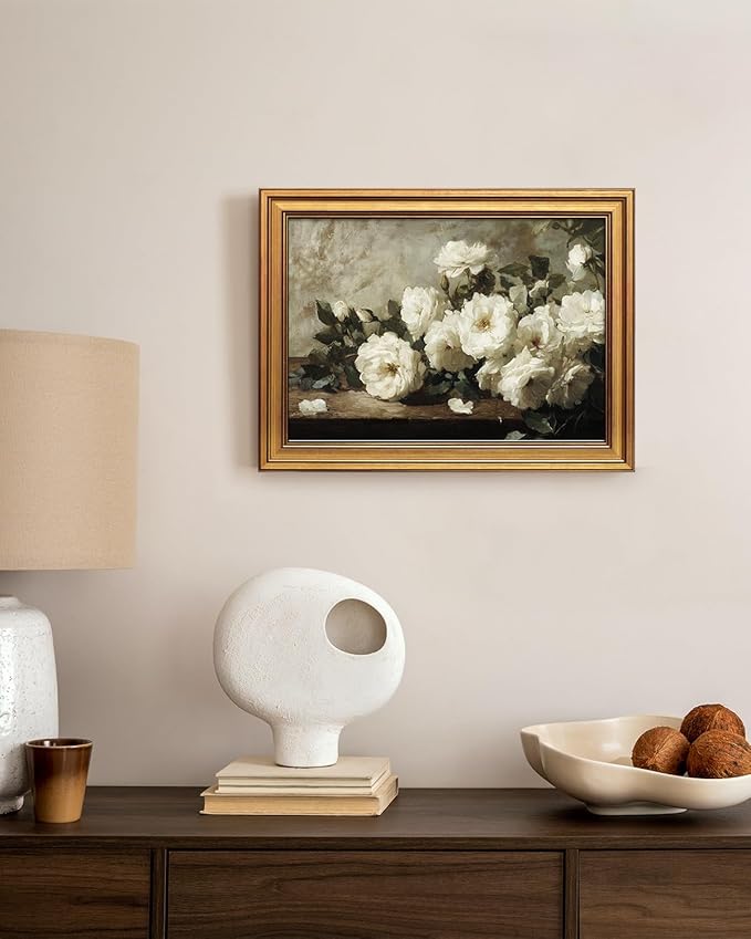 Bzstyleart Vintage Wall Art Decor for Living Room, Gold Framed Prints Flowers Wall Art Home Decor Aesthetic, White Rosebush Vintage Botanical, Canvas Picture Print Artwork Gift for Mom, 12 x 16 Inch