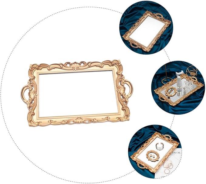 Lurrose Retro European Mirror Tray Decorative Storage Plate for Cosmetics and Perfume, Golden Rectangular Makeup Organizer for Vanity and Photo Props, Household Display Accent
