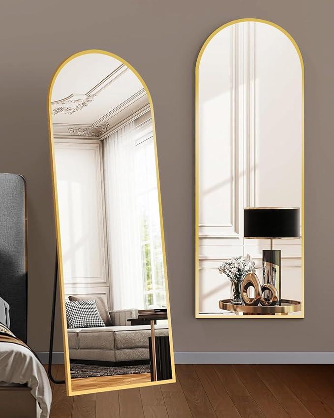DMWOODFL 58"x18" Arched Full Length Mirror - Floor Standing or Wall Mounted with Stand, Aluminum Frame & Shatter-Proof Glass, Gold Freestanding Mirror for Bedroom, Living Room, Entryway Decor