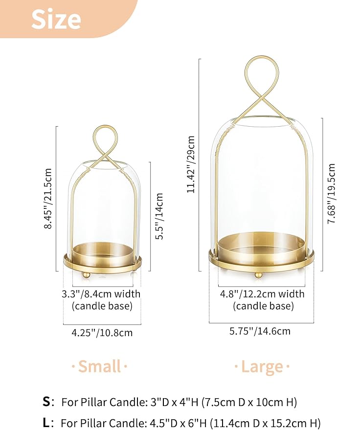 NUPTIO Glass Lanterns Decorative Outdoor: Gold Hurricane Candle Holders for Pillar Candles - Set of 2 Hanging Lantern for Home Thanksgiving Christmas Party Centerpiece
