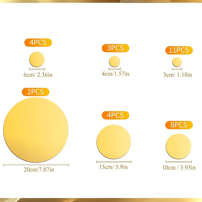 Shappy 32 Pieces Mirror Wall Stickers Removable Acrylic Setting Adhesive Round Circle Mirror Tiles Decals for Home Living Room Bedroom Decor (Gold,Medium Size)