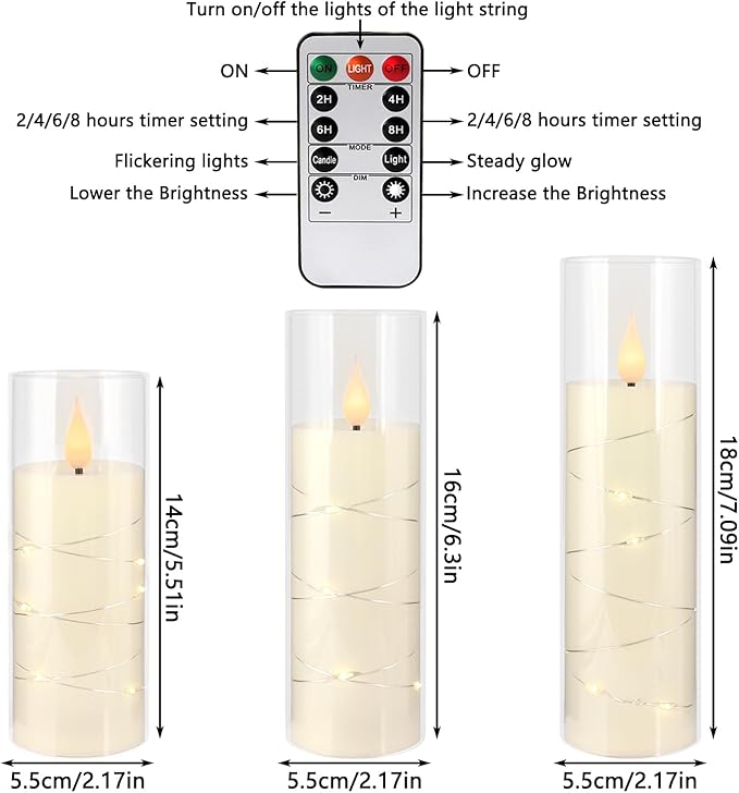 YOROXRG Flickering Flameless Candles Battery Operated with Remote, LED Pillar Candles with Realistic Moving Wick for Halloween, Christmas, Home Decor Pack of 12 (D2.2 x H 5" 6" 7") Ivory