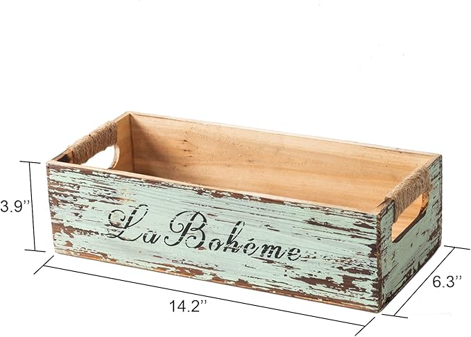 TIMRIS Farmhouse Distressed Wooden Storage Box, Rustic Bathroom Decor Box, Decorative Toilet Tank Basket, Vintage Countertop Organizer Box with Handles (Distressed Green)
